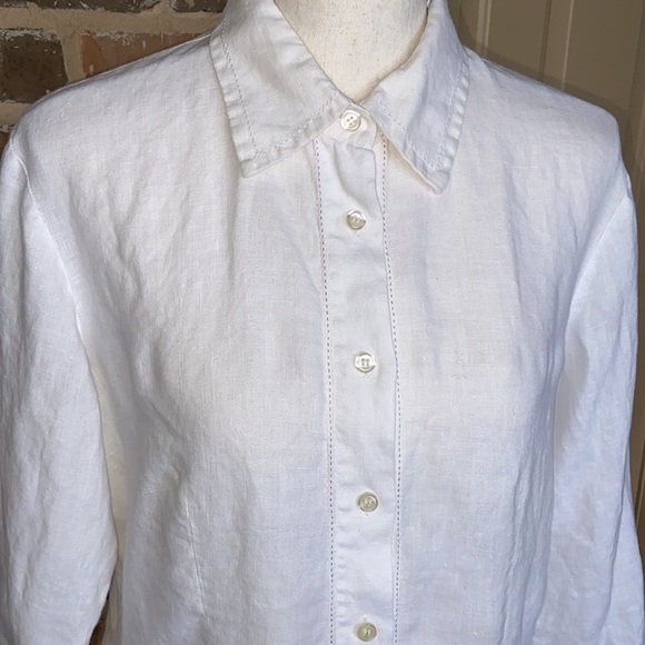 Vintage British Khaki White Linen Button Up Top Simple Classic 3/4 Sleeve Sz M - Picture 3 of 9